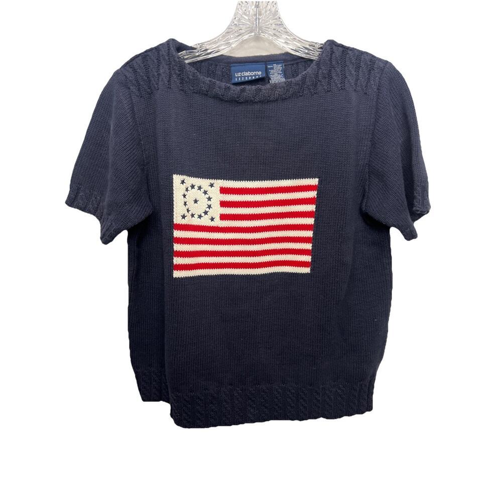 Liz Claiborne Navy Short-Sleeve Sweater with Red and White Flag Panel